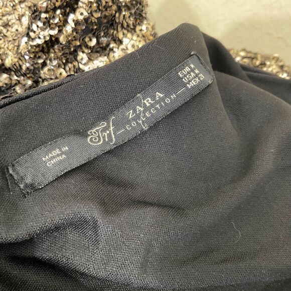 Zara Dress Woman's M  Black Gold Sequined Bodycon Low Back Dress Party Cocktail - Picture 5 of 13